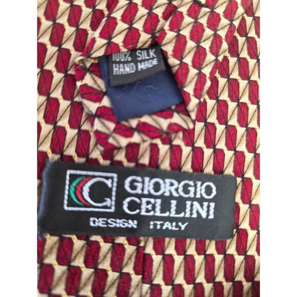 Giorgio Cellini 90s Red Gold Geometric Silk Tie 4"W Handmade Italian Design - Picture 2 of 6